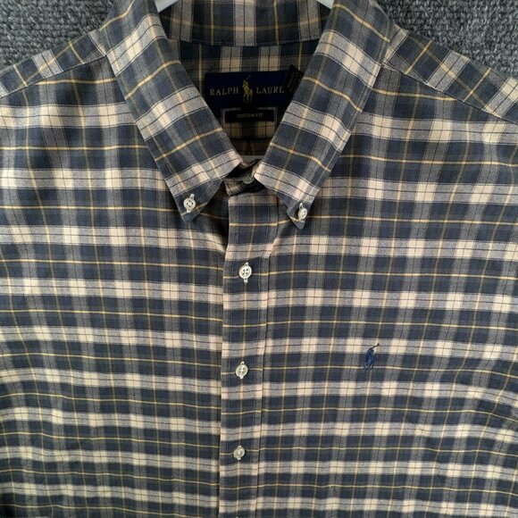 Ralph Lauren Custom Fit XL Button Up Shirt Long Sleeve Cotton Plaid Beige Blue - Picture 1 of 14
